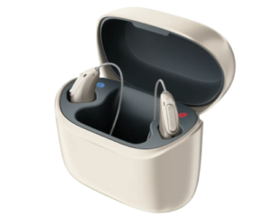 Black in-the-ear hearing aid with clear receiver wire and dome tip