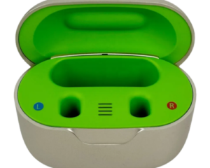 Open hearing aid charging case with left and right slots