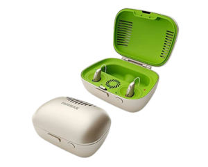 Phonak hearing aids in green ventilated charging case with lid open and closed