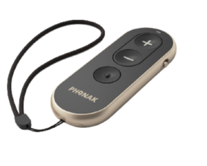 Phonak hearing aid remote with volume buttons and wrist strap