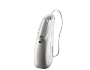 Phonak behind-the-ear hearing aid with slim receiver wire and control button