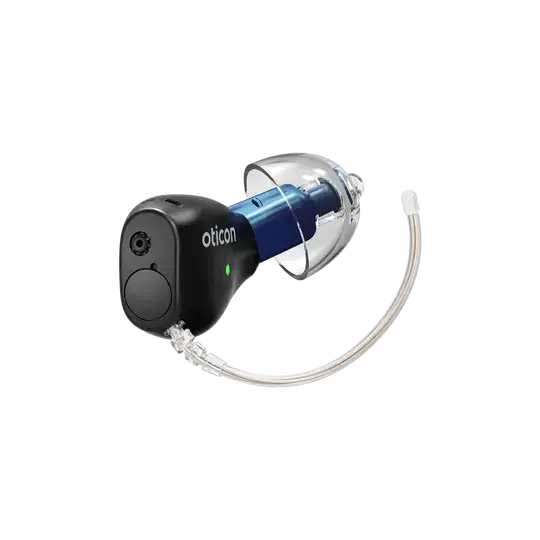 Oticon Zeal left hearing aid in matte black with a blue receiver.