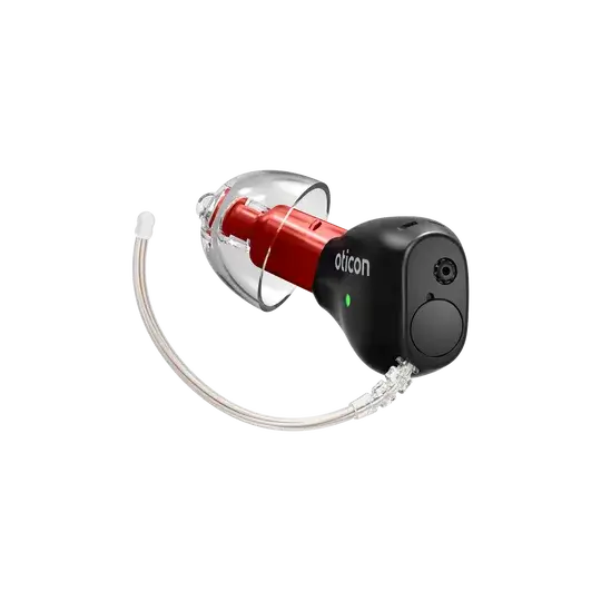 Oticon Zeal right hearing aid in matte black with a red receiver.